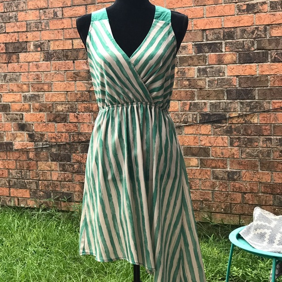 🌸Buy 1 Get 1 FREE🌸Blu Pepper Green Striped Asymmetrical Dress - Picture 2 of 6